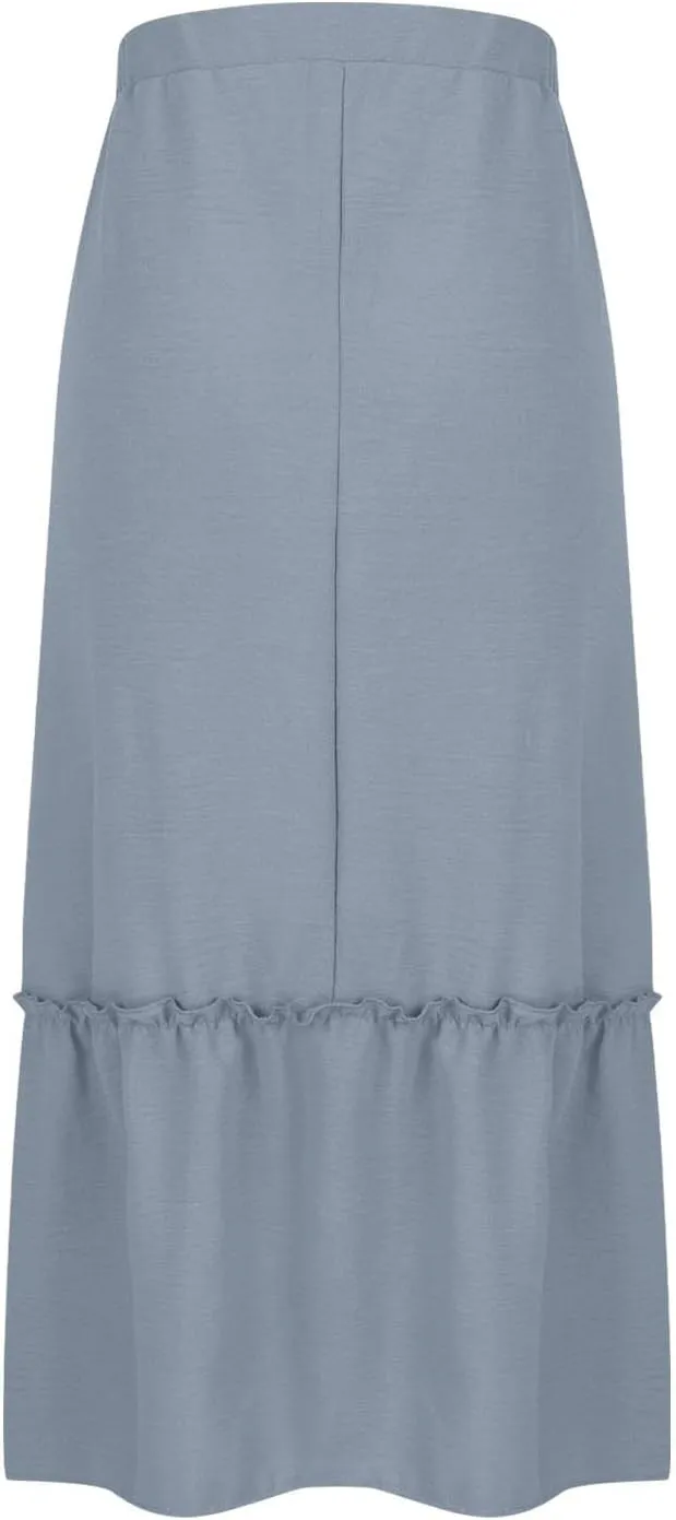 Womens Summer Beach Skirts Lace-Up Elastic Waist Fashion Solid Color A-Line Flowy Skirt Wrinkle Midi Skirts