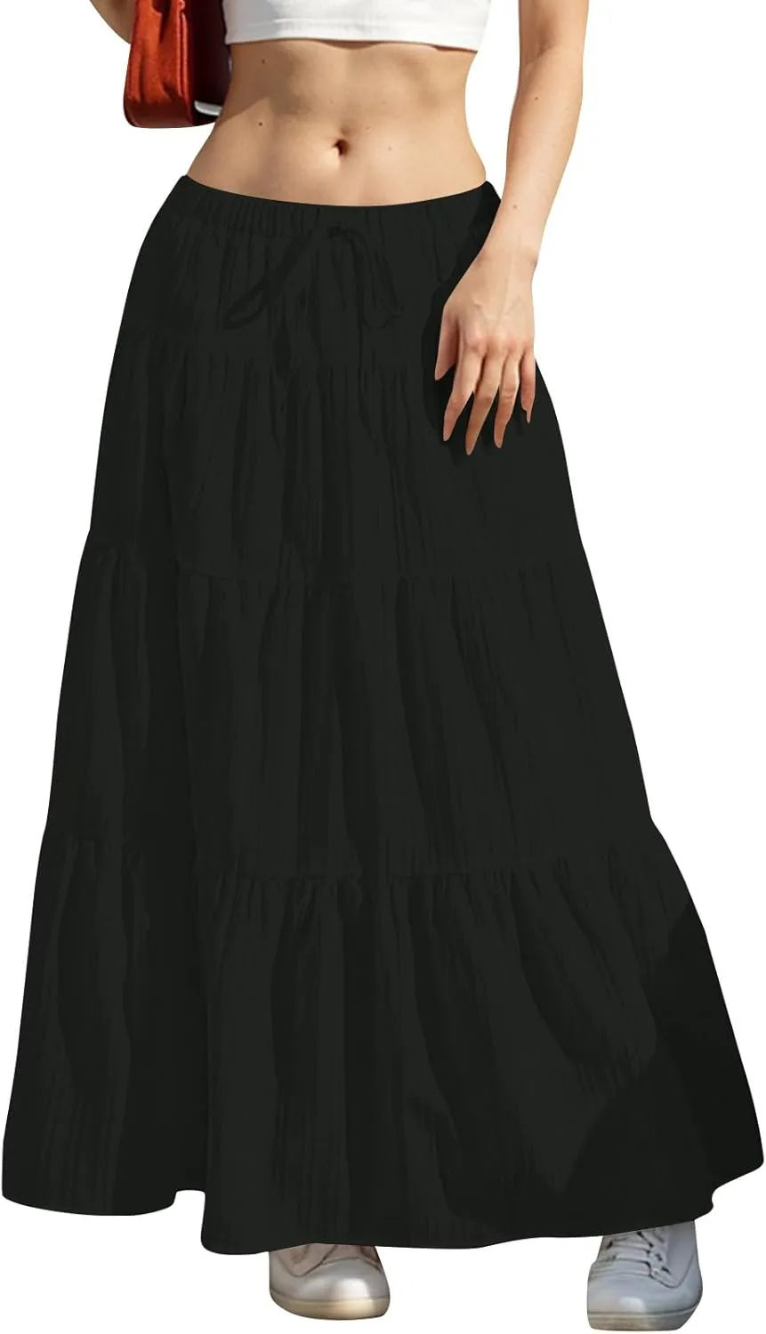 Womens Summer Boho Flowy Swing Tiered A-Line Maxi Skirt 2025 Fashion Trendy Elastic Waist Pleated Long Beach Dress