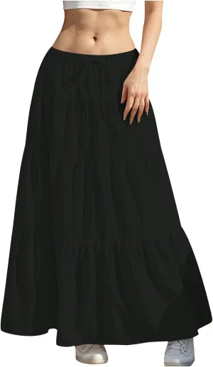 Womens Summer Boho Flowy Swing Tiered A-Line Maxi Skirt 2025 Fashion Trendy Elastic Waist Pleated Long Beach Dress