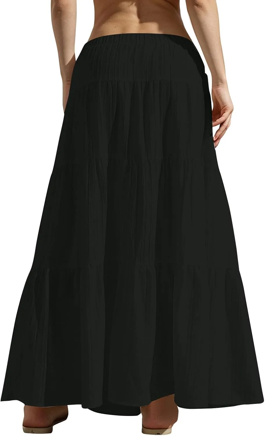 Womens Summer Boho Flowy Swing Tiered A-Line Maxi Skirt 2025 Fashion Trendy Elastic Waist Pleated Long Beach Dress