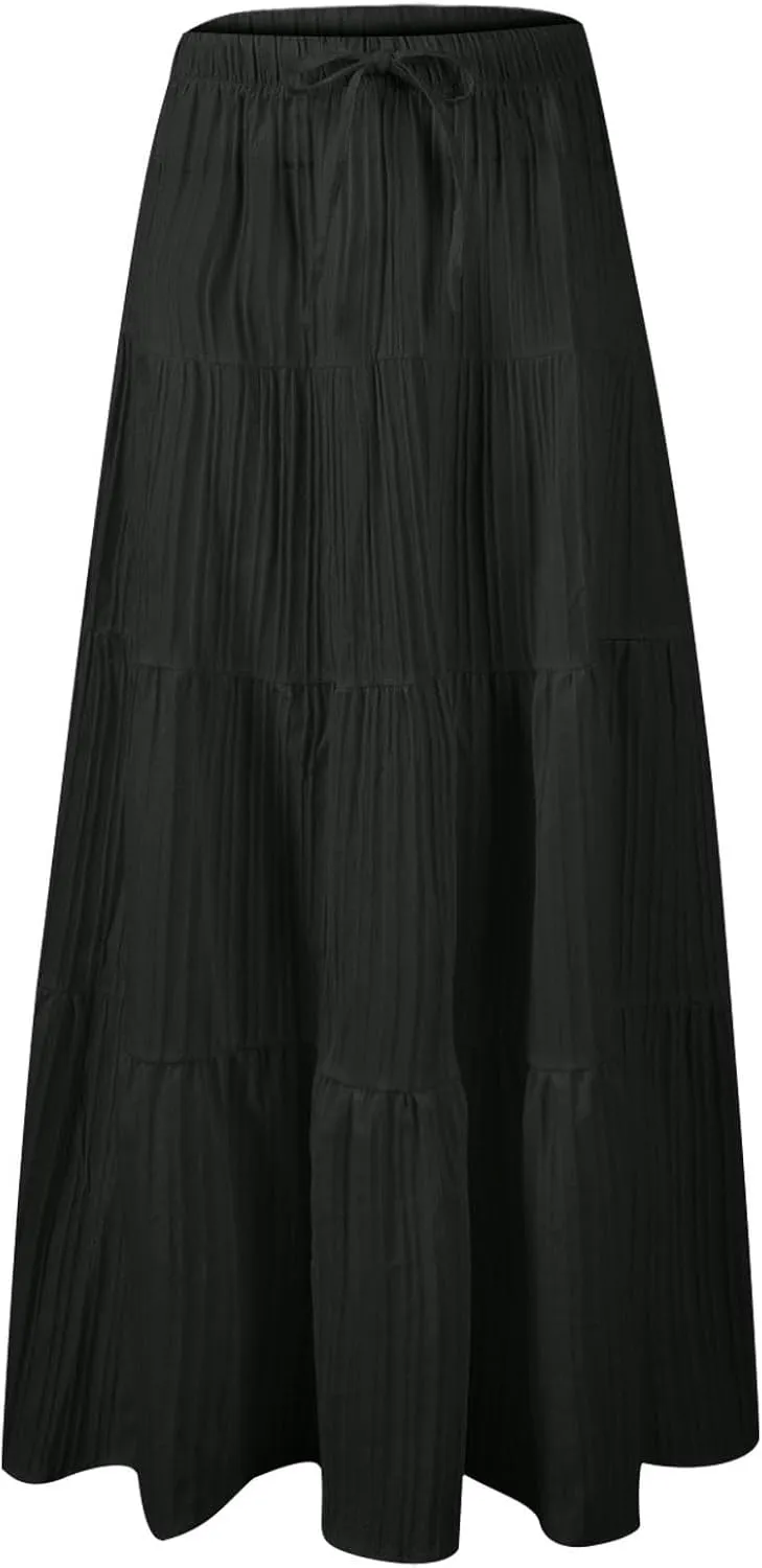 Womens Summer Boho Flowy Swing Tiered A-Line Maxi Skirt 2025 Fashion Trendy Elastic Waist Pleated Long Beach Dress