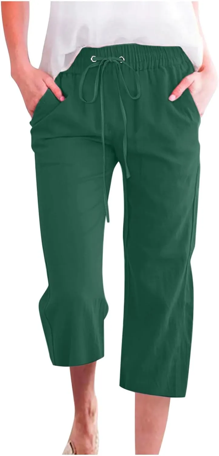 Womens Summer Capri Pants Casual Cotton Linen Tapered High Waist Drawstring Cinch Bottom Loose Trouser with Pockets