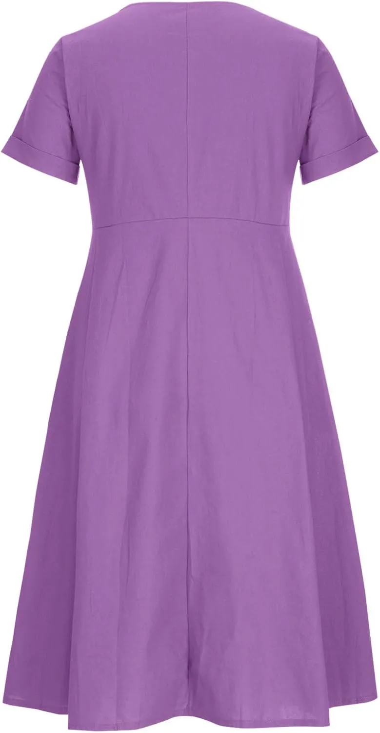 Women's Summer Casual Cotton Linen Midi Dress Plus Size Short Sleeve Button Up V-Neck Maxi Dress with Pockets