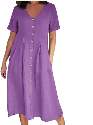 Women's Summer Casual Cotton Linen Midi Dress Plus Size Short Sleeve Button Up V-Neck Maxi Dress with Pockets