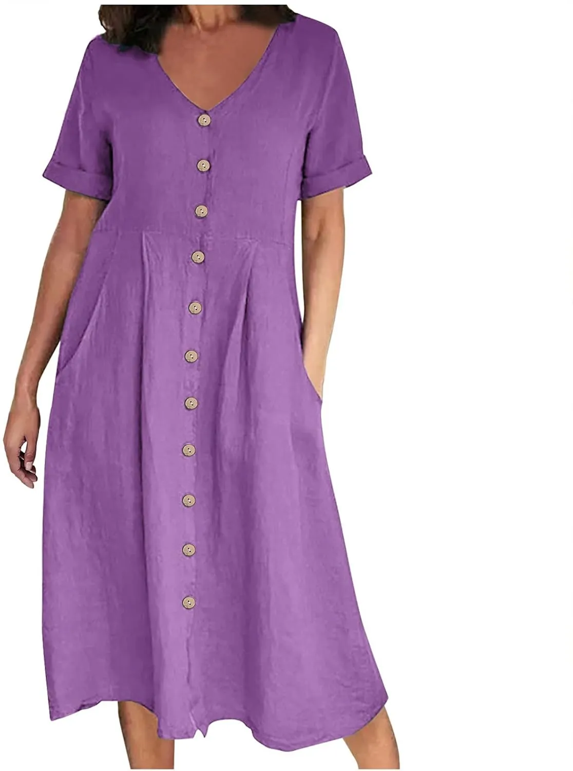 Women's Summer Casual Cotton Linen Midi Dress Plus Size Short Sleeve Button Up V-Neck Maxi Dress with Pockets