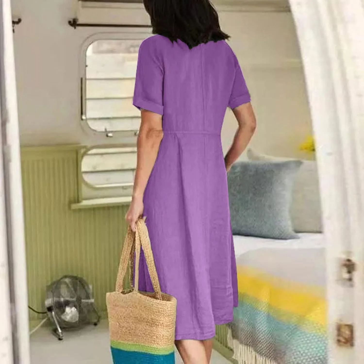 Women's Summer Casual Cotton Linen Midi Dress Plus Size Short Sleeve Button Up V-Neck Maxi Dress with Pockets