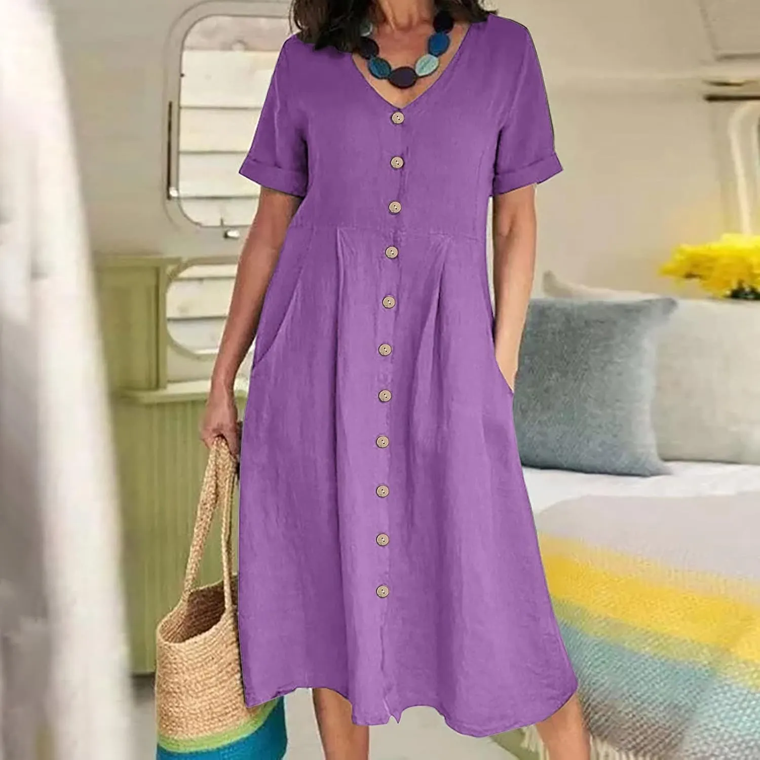 Women's Summer Casual Cotton Linen Midi Dress Plus Size Short Sleeve Button Up V-Neck Maxi Dress with Pockets