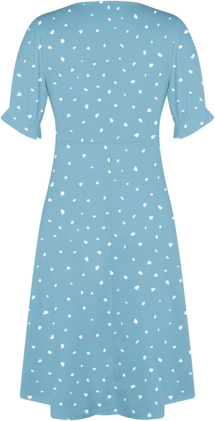 Women's Summer Casual Loose Short Sleeve V-Neck Floral Printed Solid Beach Vacation Boho Dress Plus Size, S-3XL
