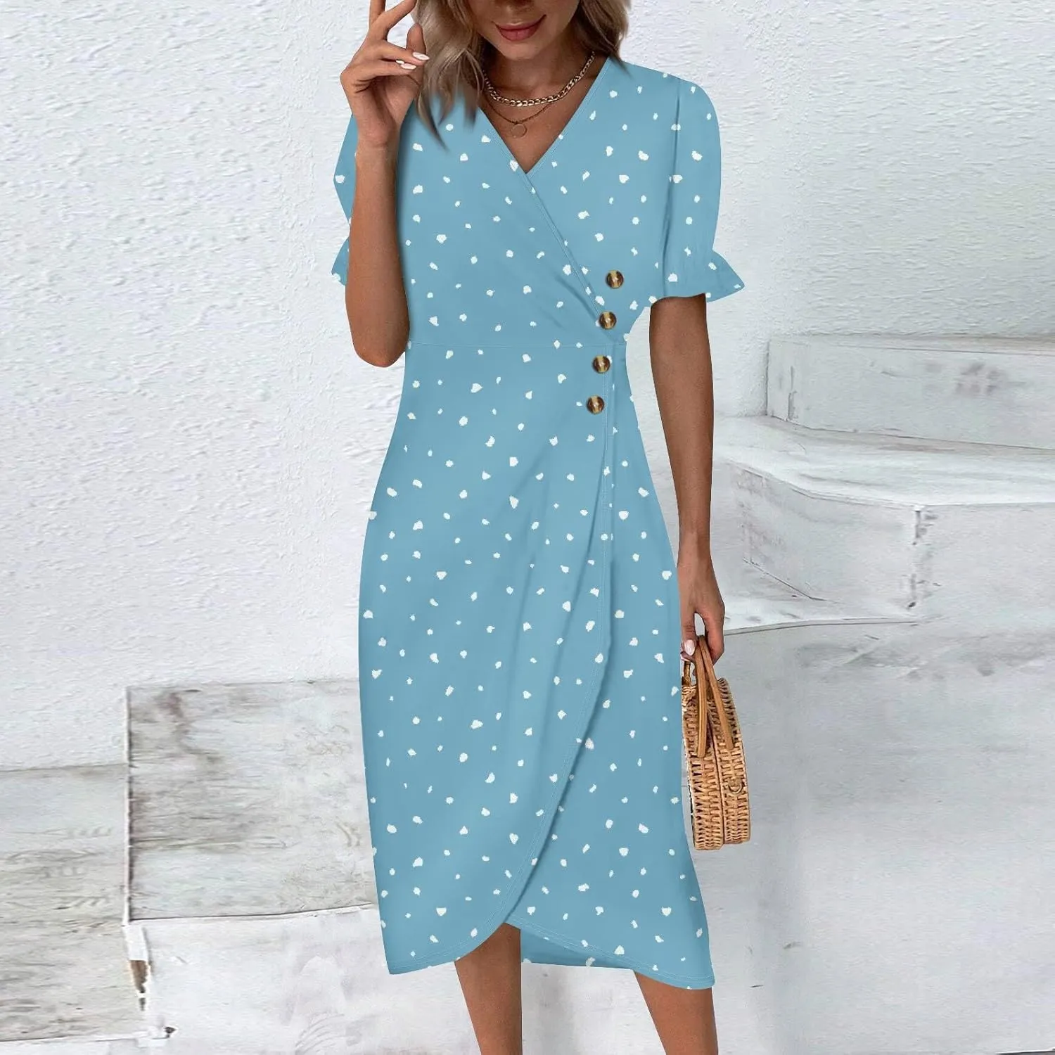 Women's Summer Casual Loose Short Sleeve V-Neck Floral Printed Solid Beach Vacation Boho Dress Plus Size, S-3XL