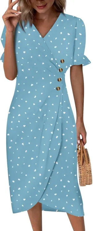 Women's Summer Casual Loose Short Sleeve V-Neck Floral Printed Solid Beach Vacation Boho Dress Plus Size, S-3XL