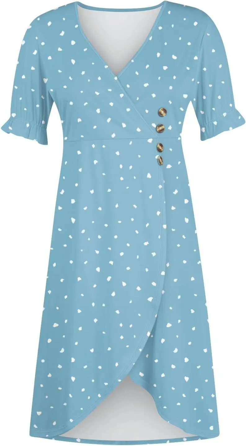 Women's Summer Casual Loose Short Sleeve V-Neck Floral Printed Solid Beach Vacation Boho Dress Plus Size, S-3XL