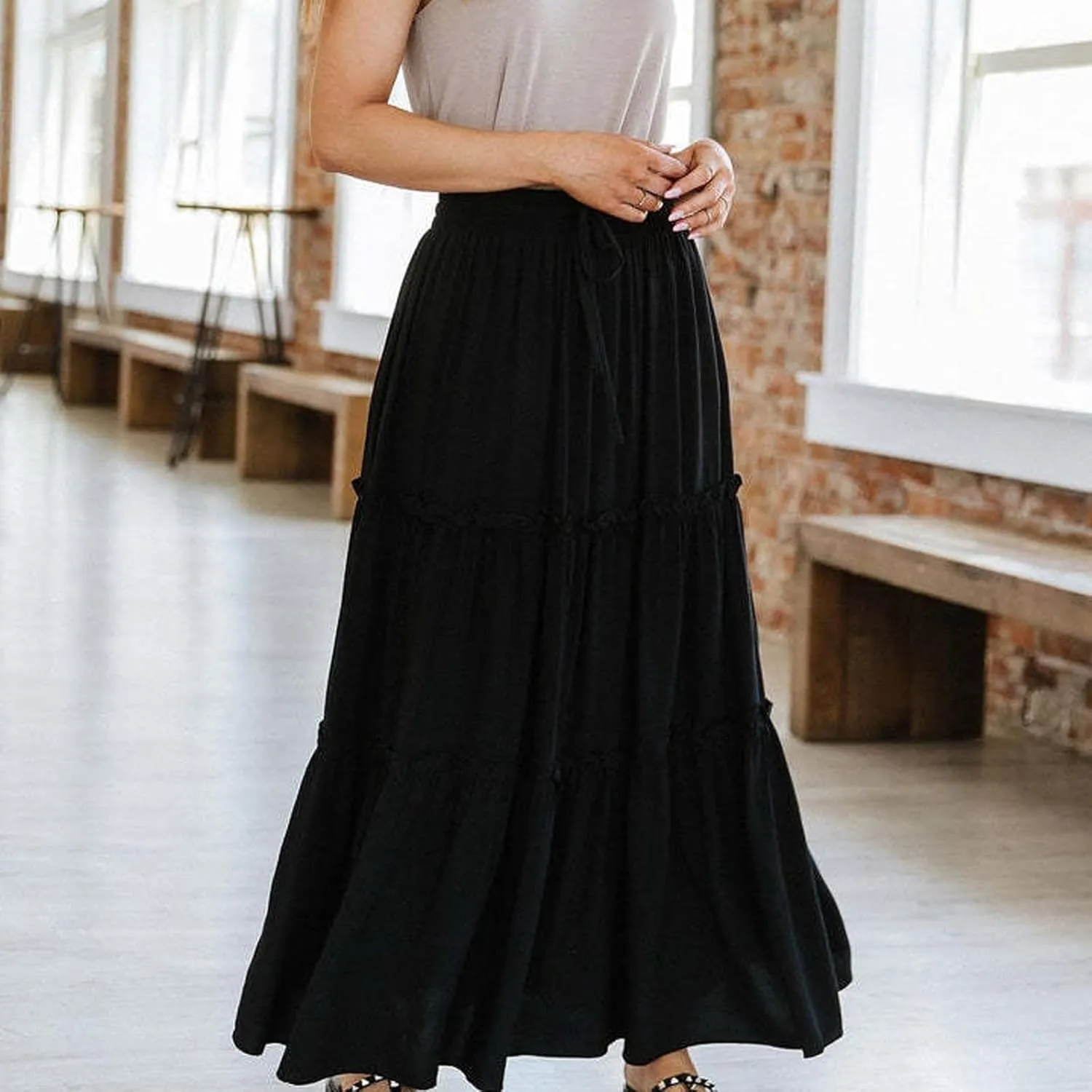 Women's Summer Casual Maxi Skirts Ruffle High Waist Solid Pleated Tiered Skirt