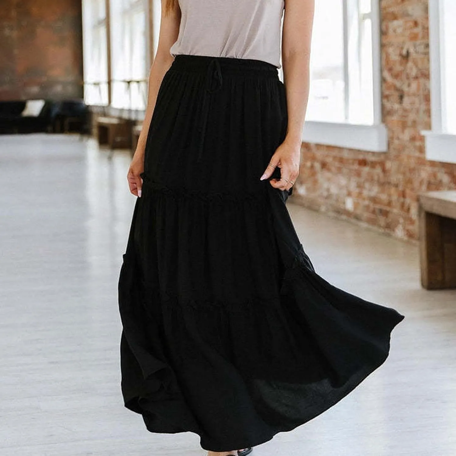 Women's Summer Casual Maxi Skirts Ruffle High Waist Solid Pleated Tiered Skirt