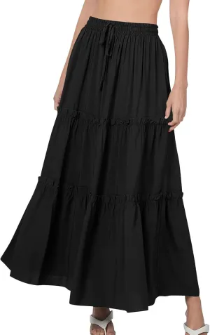 Women's Summer Casual Maxi Skirts Ruffle High Waist Solid Pleated Tiered Skirt