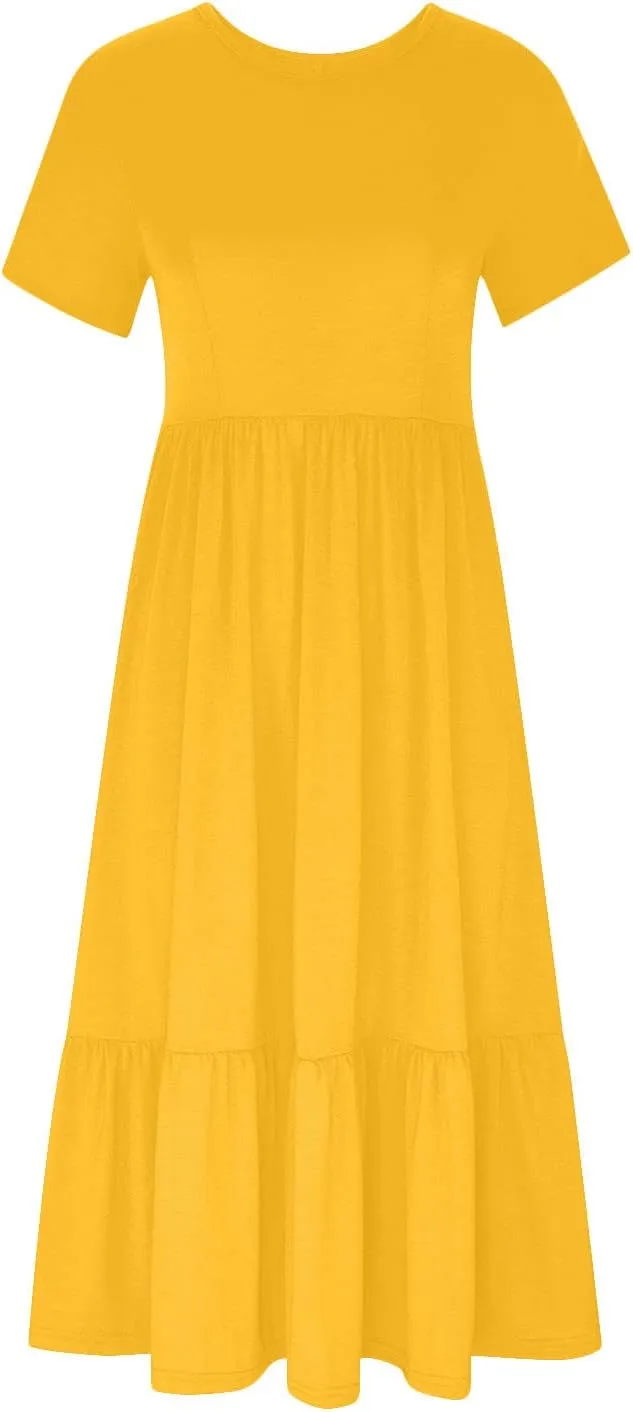 Women's Summer Casual Short Sleeve Crewneck Long Dress Solid Flowy Tiered Maxi Beach Dress with Pockets