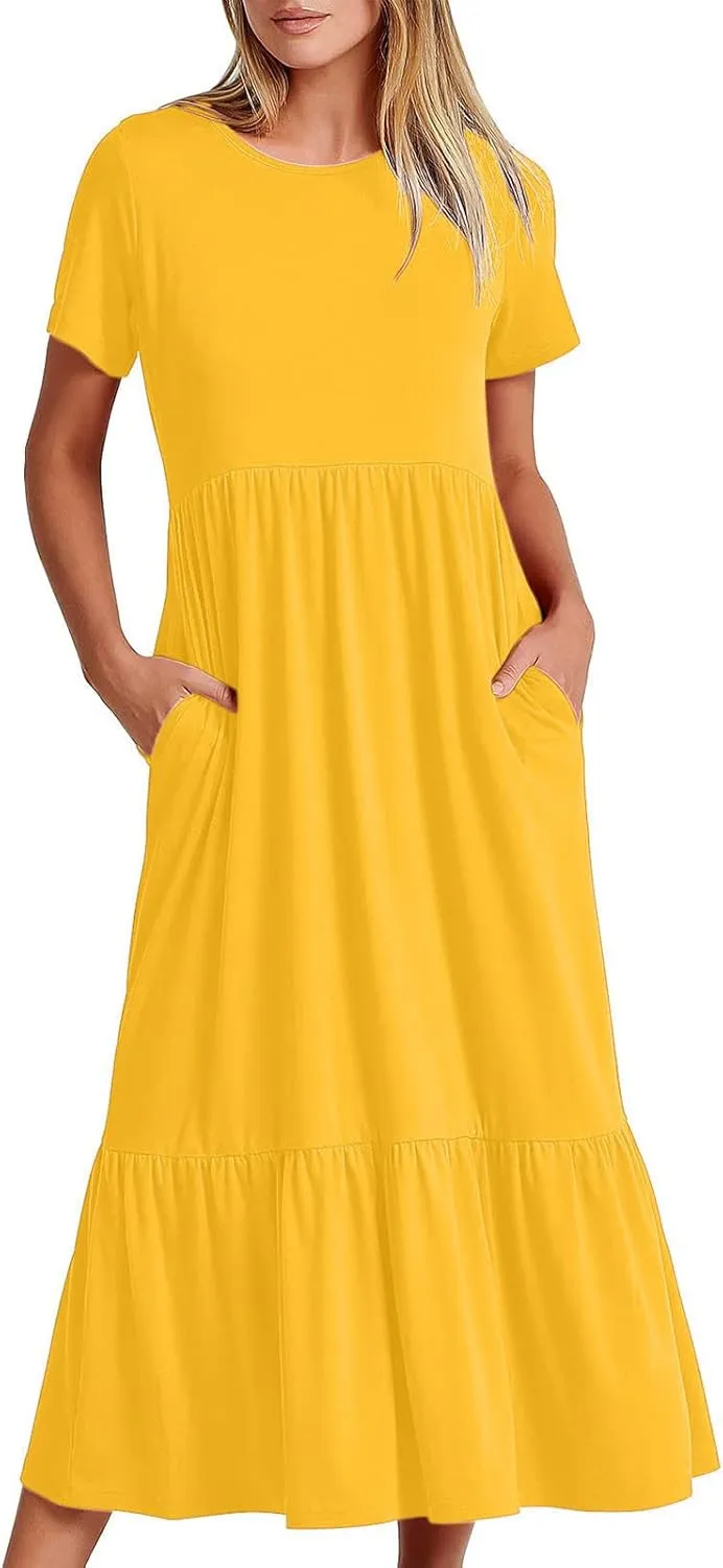 Women's Summer Casual Short Sleeve Crewneck Long Dress Solid Flowy Tiered Maxi Beach Dress with Pockets