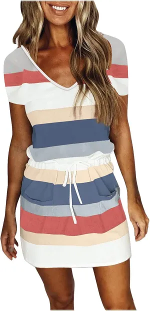 Women's Summer Casual Tank Dress Round-Neck Short Sleeve T-Shirts Dress Bandage Color Block Stripes Loose Sundresses