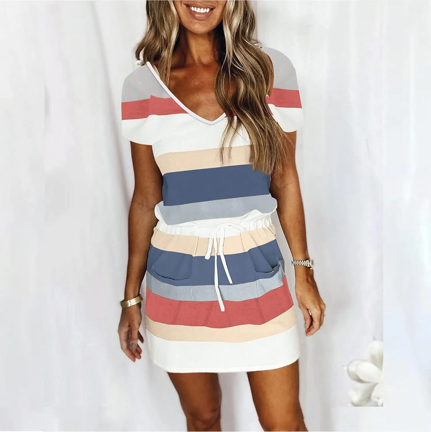 Women's Summer Casual Tank Dress Round-Neck Short Sleeve T-Shirts Dress Bandage Color Block Stripes Loose Sundresses