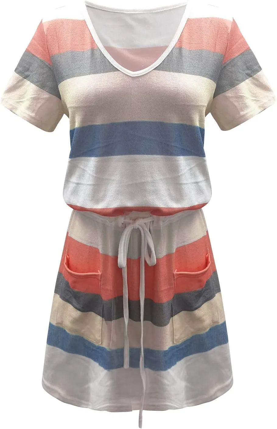 Women's Summer Casual Tank Dress Round-Neck Short Sleeve T-Shirts Dress Bandage Color Block Stripes Loose Sundresses