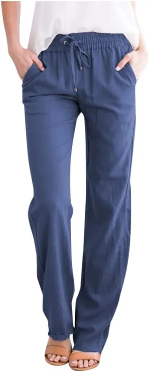 Womens Summer Cotton Linen Drawstring Trousers Solid Elastic Waist Wide Leg Pants Work Golf Pants Relax Fit Sweatpants
