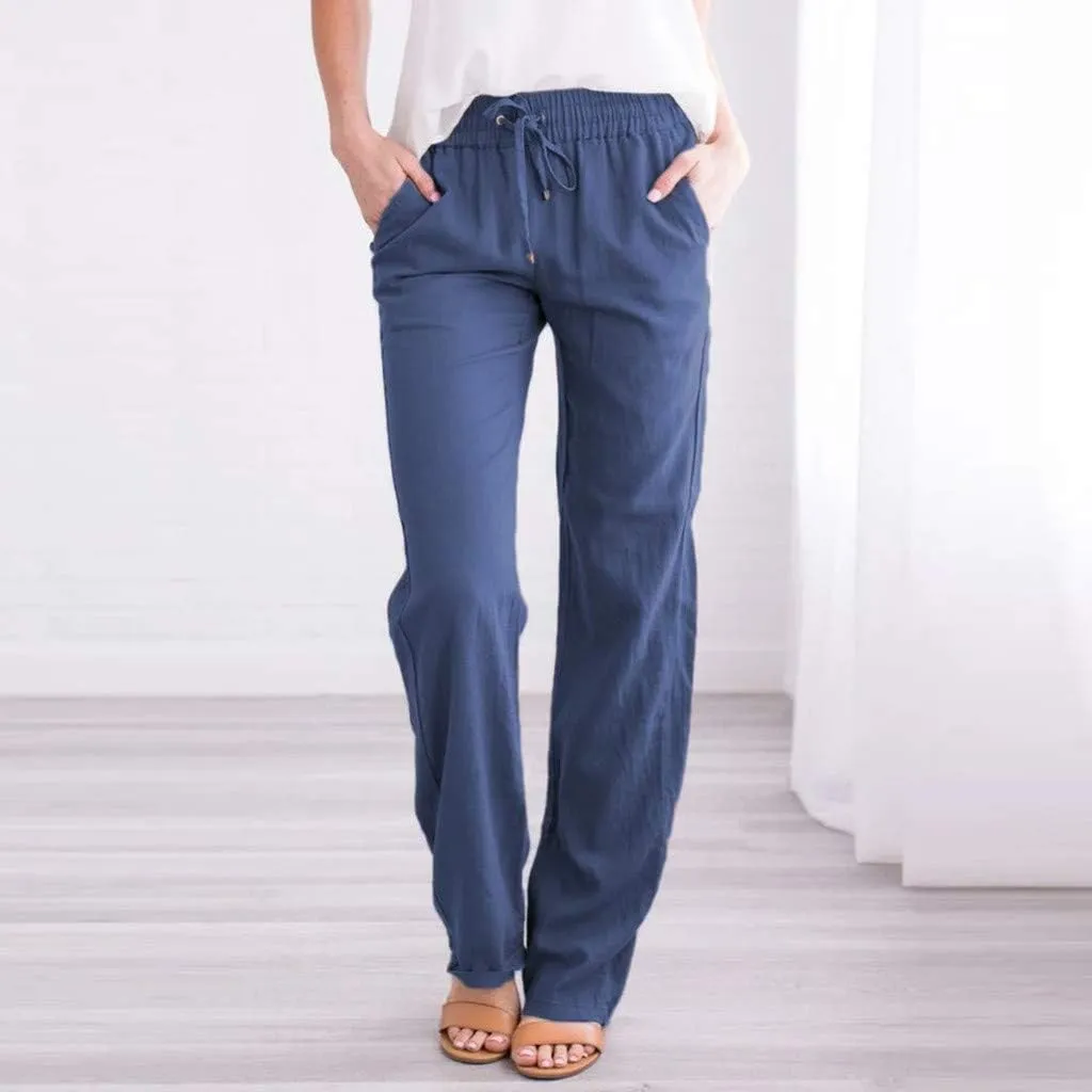 Womens Summer Cotton Linen Drawstring Trousers Solid Elastic Waist Wide Leg Pants Work Golf Pants Relax Fit Sweatpants