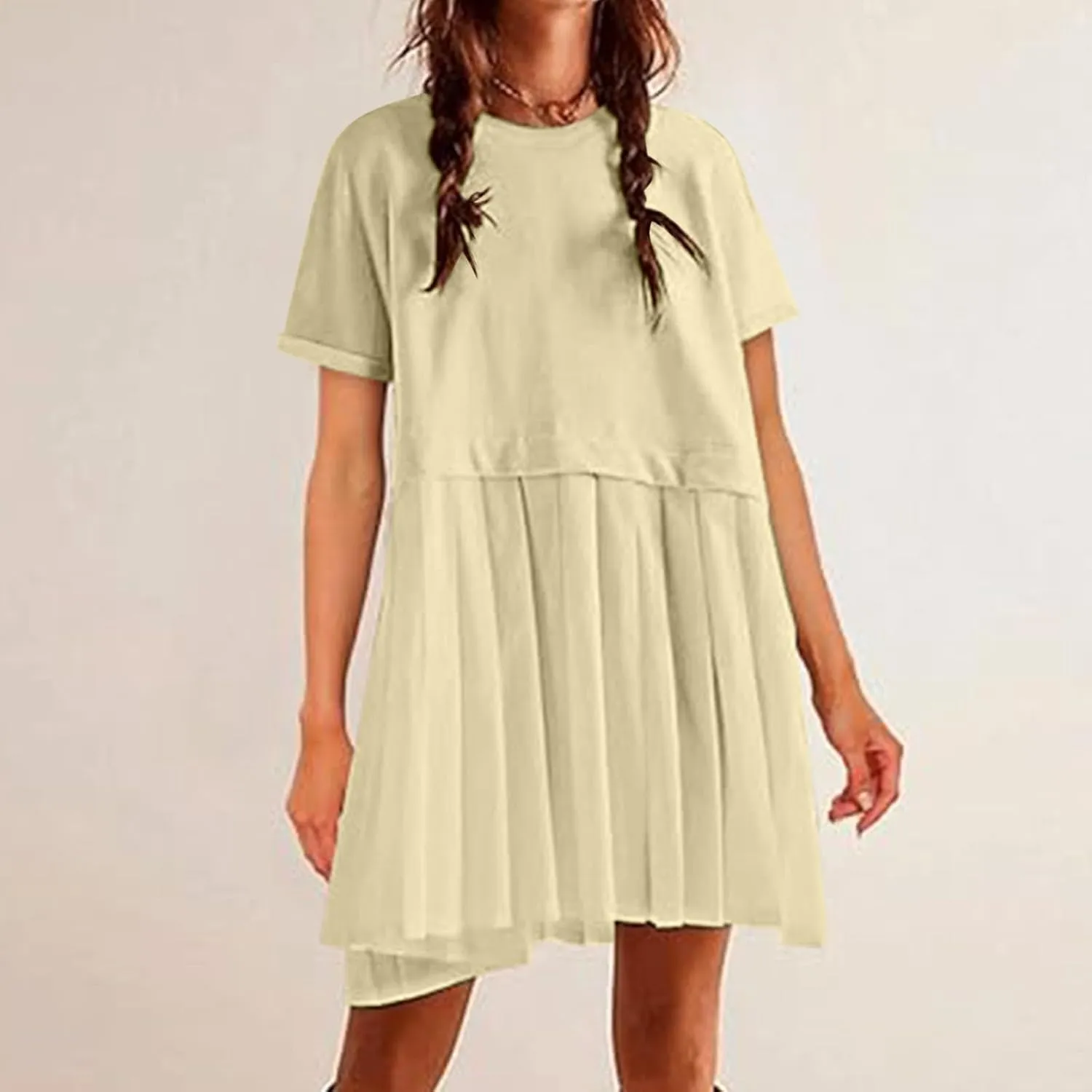 Womens Summer Crew Neck Short Sleeve Pleated Dress Solid Ruffle A Line Beach Dresses Casual Loose Fit Boho Mini Dress