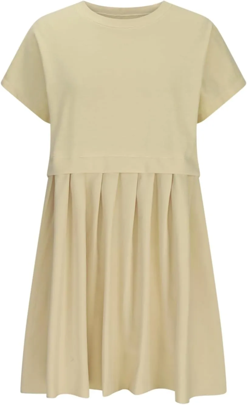 Womens Summer Crew Neck Short Sleeve Pleated Dress Solid Ruffle A Line Beach Dresses Casual Loose Fit Boho Mini Dress