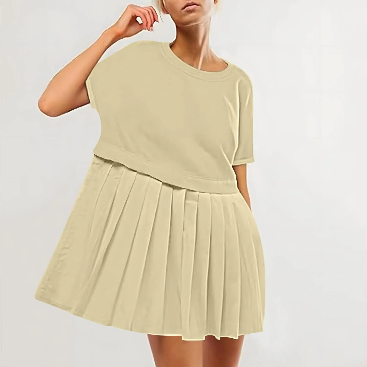 Womens Summer Crew Neck Short Sleeve Pleated Dress Solid Ruffle A Line Beach Dresses Casual Loose Fit Boho Mini Dress