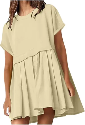 Womens Summer Crew Neck Short Sleeve Pleated Dress Solid Ruffle A Line Beach Dresses Casual Loose Fit Boho Mini Dress