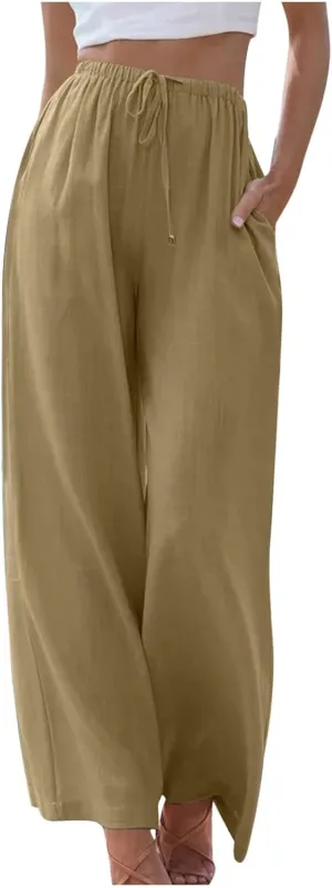 Women's Summer Drawstring High Waist Wide Leg Pants Loose Breathable Soft Comfy Trouser Cotton Linen Palazzo Pants
