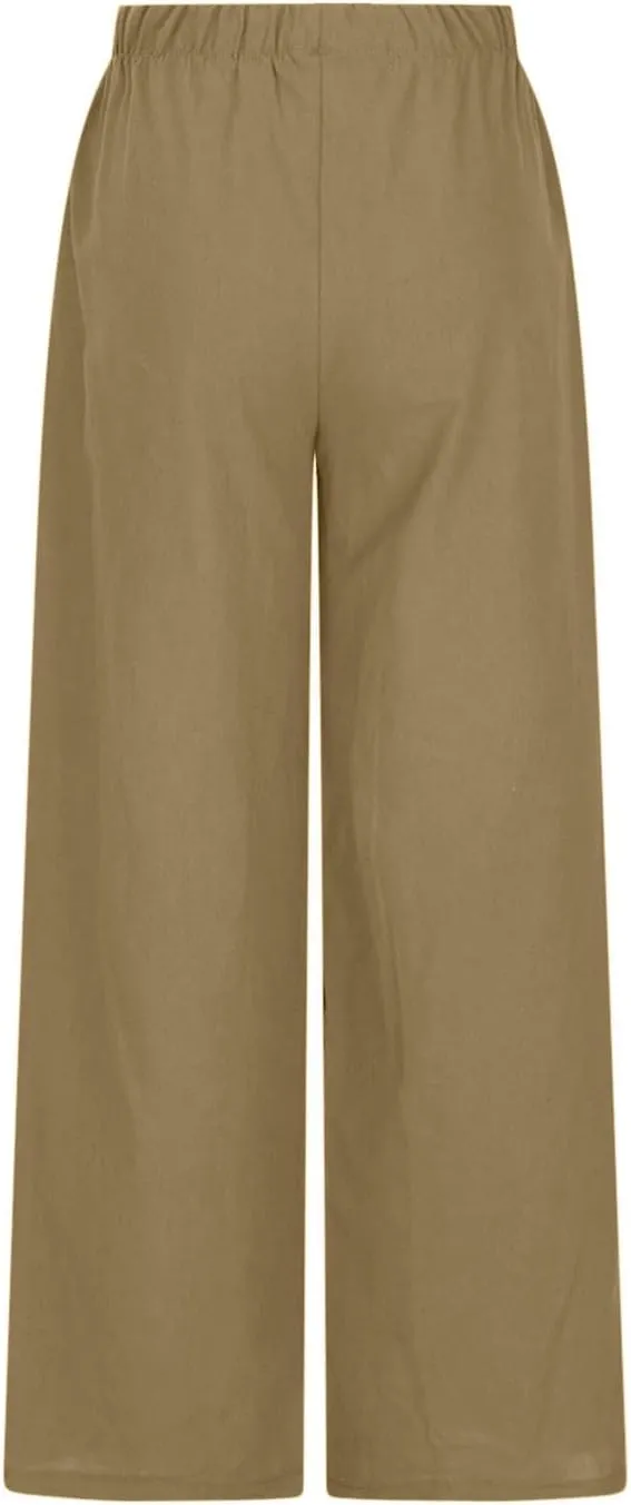 Women's Summer Drawstring High Waist Wide Leg Pants Loose Breathable Soft Comfy Trouser Cotton Linen Palazzo Pants