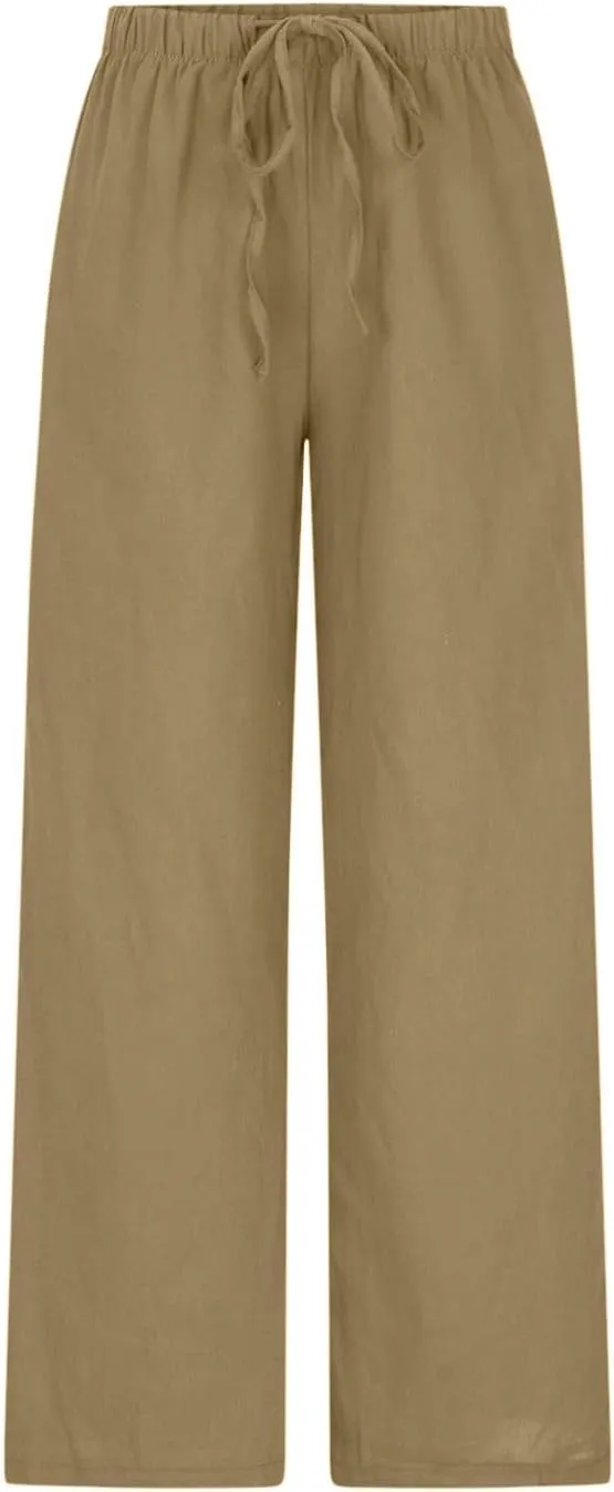 Women's Summer Drawstring High Waist Wide Leg Pants Loose Breathable Soft Comfy Trouser Cotton Linen Palazzo Pants