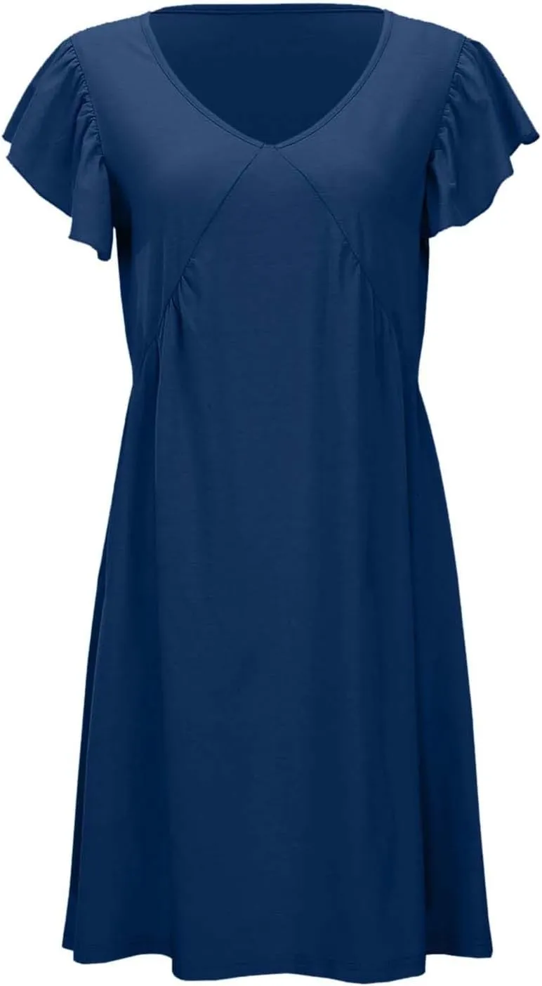 Women's Summer Dresses 2025 Beach Casual Deep V Neck Loose Sundress Ruffle Sleeve Mini Dress