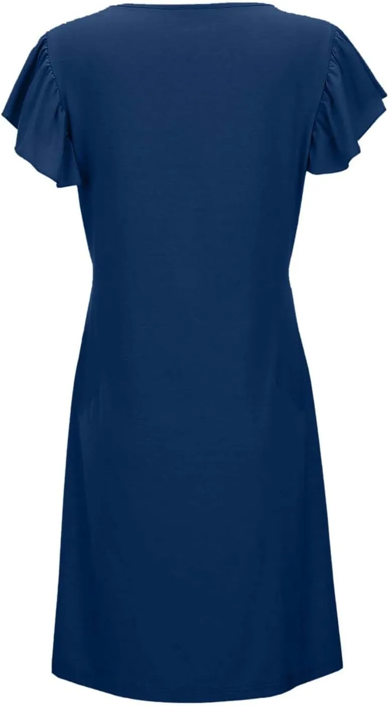 Women's Summer Dresses 2025 Beach Casual Deep V Neck Loose Sundress Ruffle Sleeve Mini Dress
