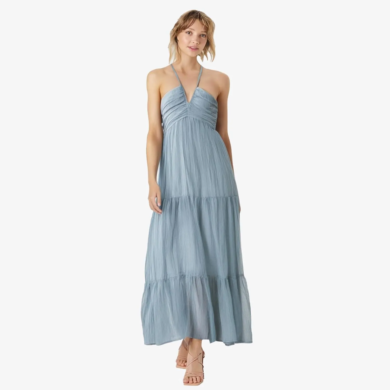 Women's Summer Dresses 2025 Halter Neck Sleeveless Smocked Backless Cut Out Floral Flowy A Line Maxi Dress