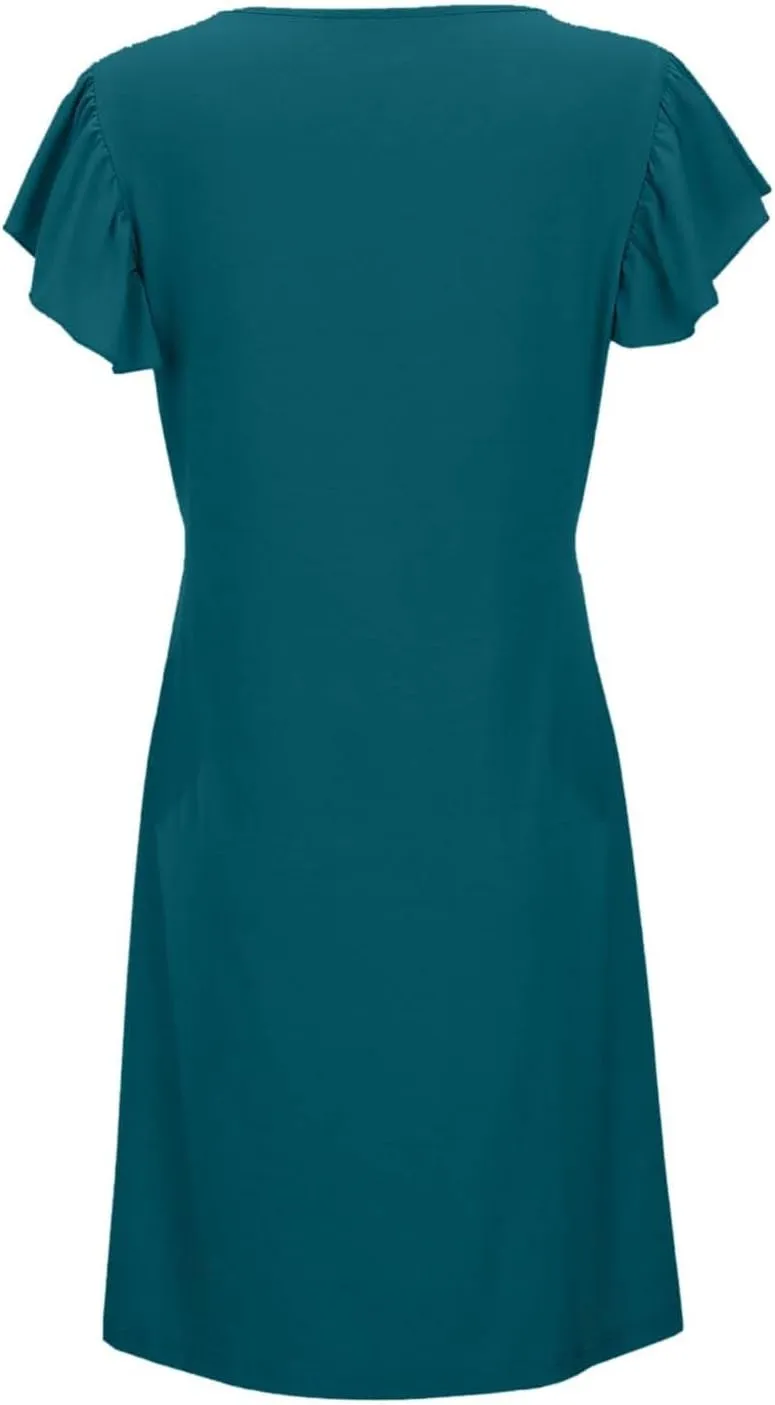 Women's Summer Dresses 2025 Vacation Dress Beach Casual Deep V Neck Loose Sundress Ruffle Sleeve Mini Dress