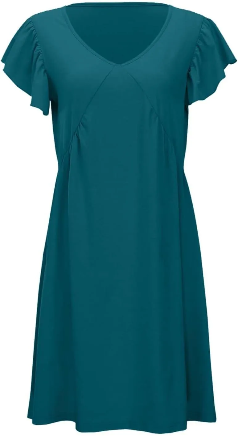 Women's Summer Dresses 2025 Vacation Dress Beach Casual Deep V Neck Loose Sundress Ruffle Sleeve Mini Dress