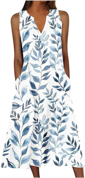Womens Summer Dresses Casual Boho Style Dress Sleeveless Button V Neck Maxi Sundress Beach Vacation Floral Clothes