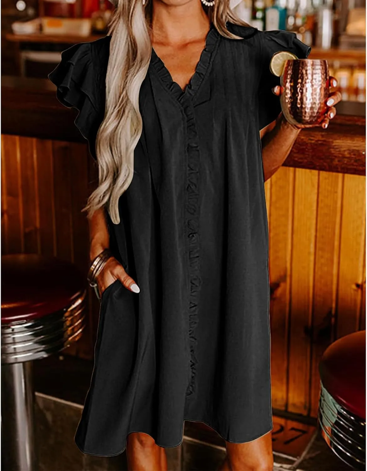 Womens Summer Dresses Flowy Comfy Ruffle Sleeve V Neck Mini Dress Casual Loose Solid Color Pleated Beach Sunderss