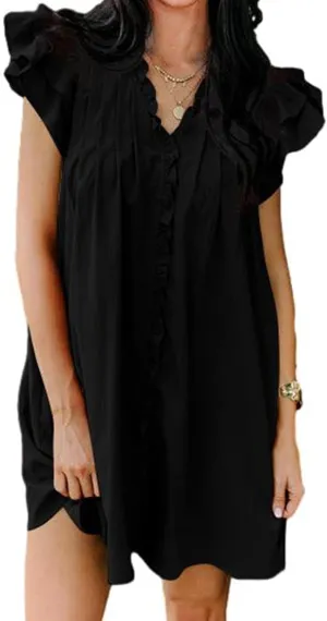 Womens Summer Dresses Flowy Comfy Ruffle Sleeve V Neck Mini Dress Casual Loose Solid Color Pleated Beach Sunderss