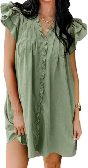 Womens Summer Dresses Flowy Comfy Ruffle Sleeve V Neck Mini Dress Casual Loose Solid Color Pleated Beach Sunderss