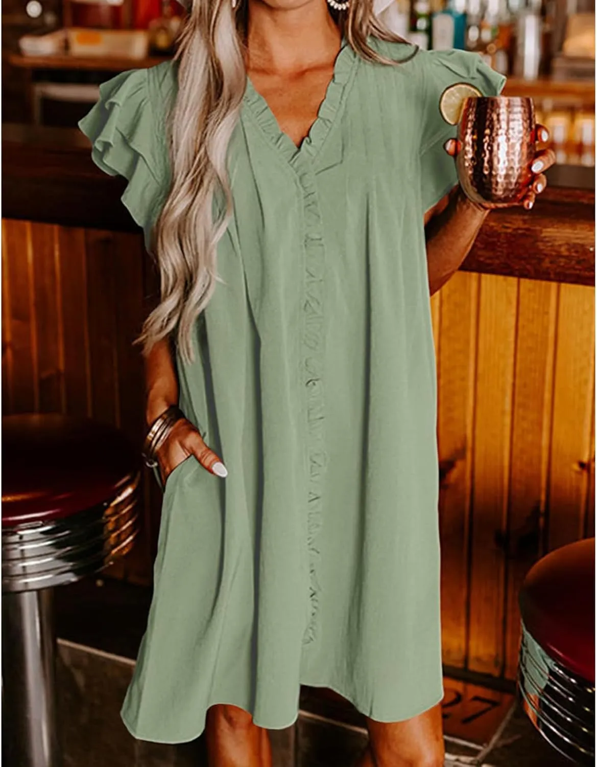 Womens Summer Dresses Flowy Comfy Ruffle Sleeve V Neck Mini Dress Casual Loose Solid Color Pleated Beach Sunderss