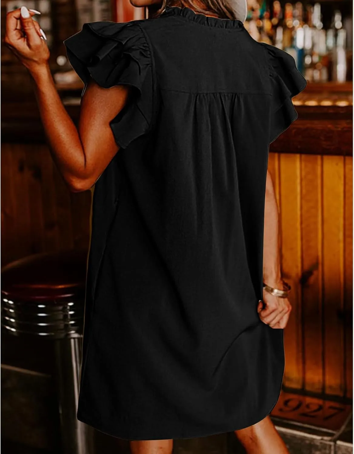 Womens Summer Dresses Flowy Comfy Ruffle Sleeve V Neck Mini Dress Casual Loose Solid Color Pleated Beach Sunderss
