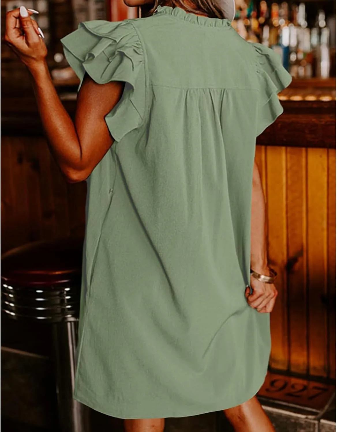 Womens Summer Dresses Flowy Comfy Ruffle Sleeve V Neck Mini Dress Casual Loose Solid Color Pleated Beach Sunderss