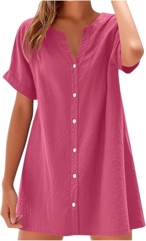 Womens Summer Dresses Loose Fit V Neck Short Sleeve T Shirt Dresses Casual Solid Color Button Down Mini Tunic Dress