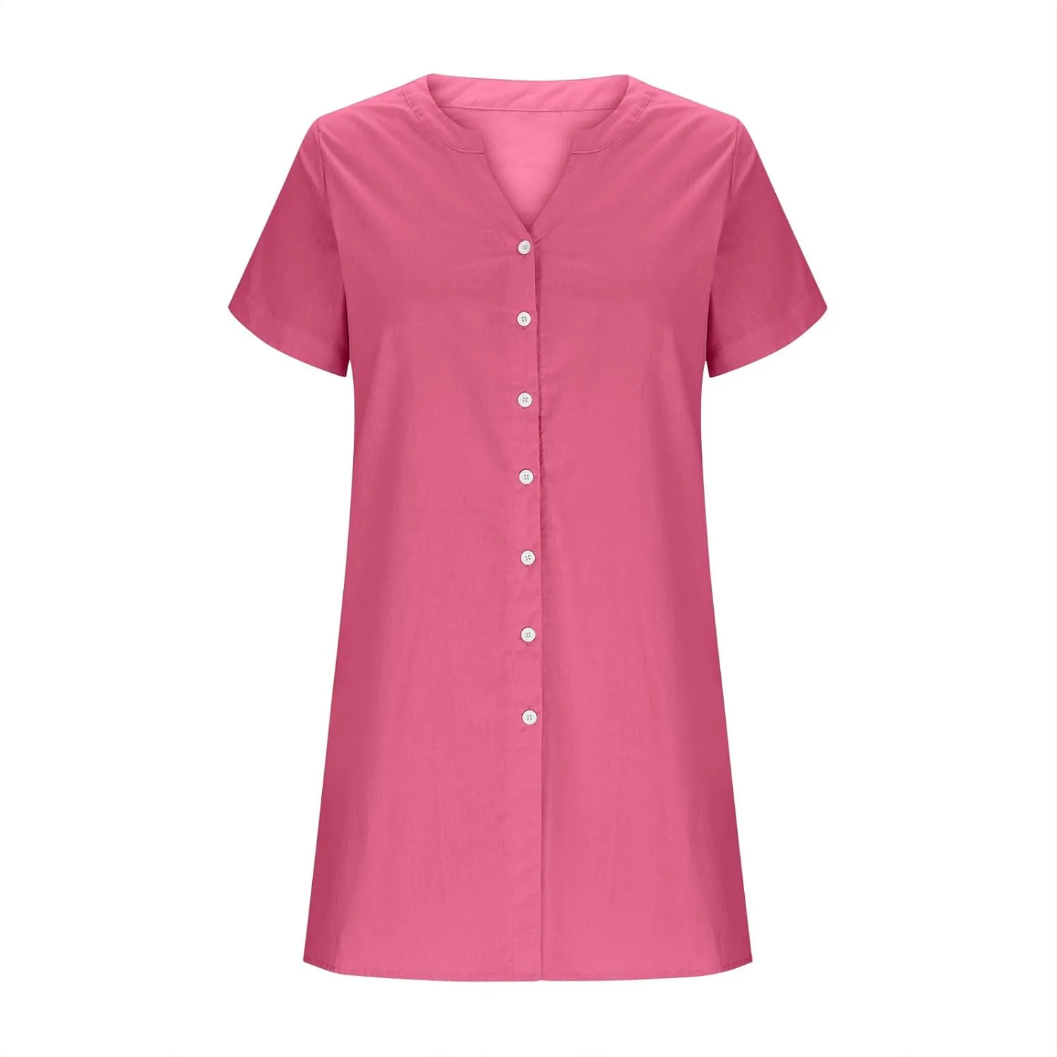 Womens Summer Dresses Loose Fit V Neck Short Sleeve T Shirt Dresses Casual Solid Color Button Down Mini Tunic Dress