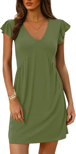 Womens Summer Dresses Ruffle Sleeve Mini Dress V Neck Loose Fit Sundress Beach Vacation Outfits