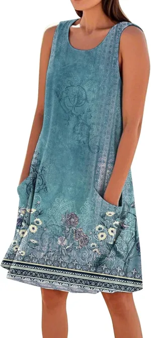 Women's Summer Dresses Sleeveless Round Neck Knee Length Dress Trendy Boho Floral Printed Beach Party Sundresses