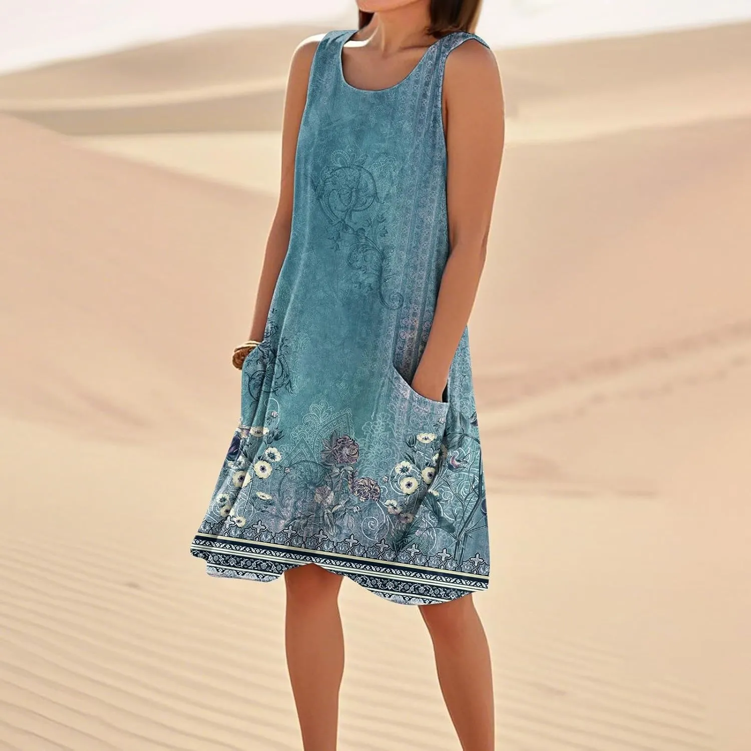 Women's Summer Dresses Sleeveless Round Neck Knee Length Dress Trendy Boho Floral Printed Beach Party Sundresses