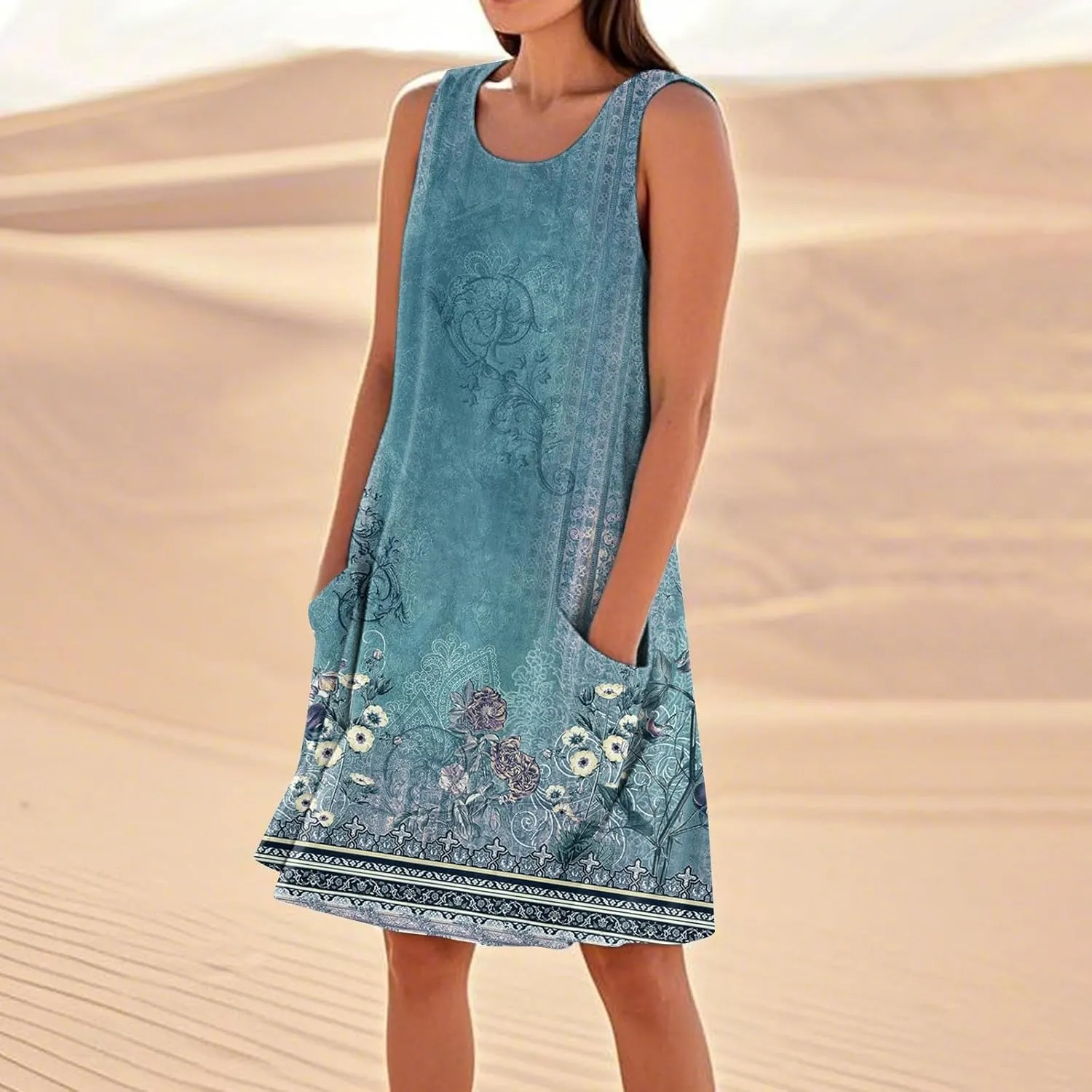 Women's Summer Dresses Sleeveless Round Neck Knee Length Dress Trendy Boho Floral Printed Beach Party Sundresses